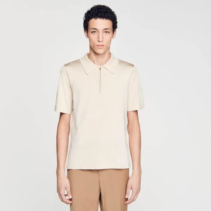 Men Sweaters and Cardigans SANDRO Knitted Polo Shirt With Zip Collar Light Sand