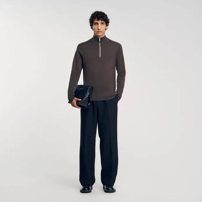 Men Sweaters and Cardigans SANDRO Wool Sweater With Zipped Collar Taupe