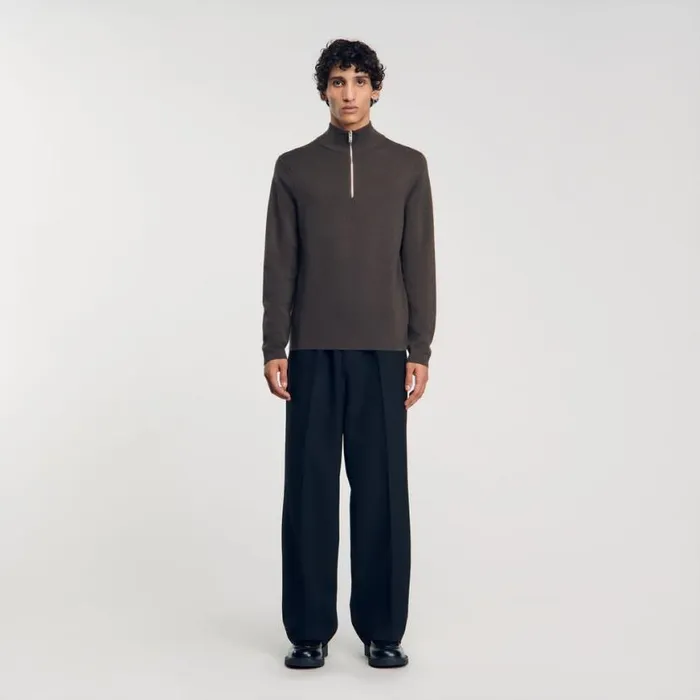Men Sweaters and Cardigans SANDRO Wool Sweater With Zipped Collar Taupe