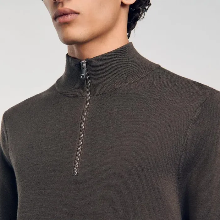 Men Sweaters and Cardigans SANDRO Wool Sweater With Zipped Collar Taupe