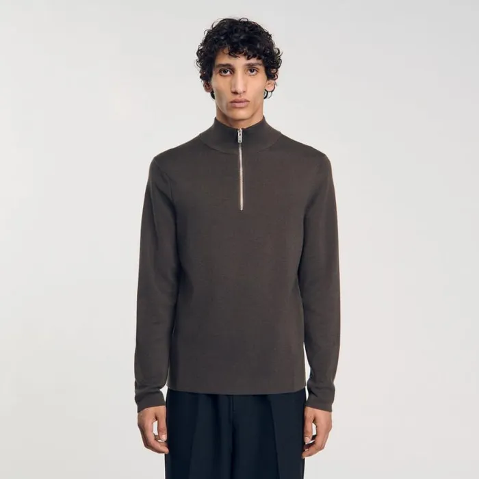 Men Sweaters and Cardigans SANDRO Wool Sweater With Zipped Collar Taupe