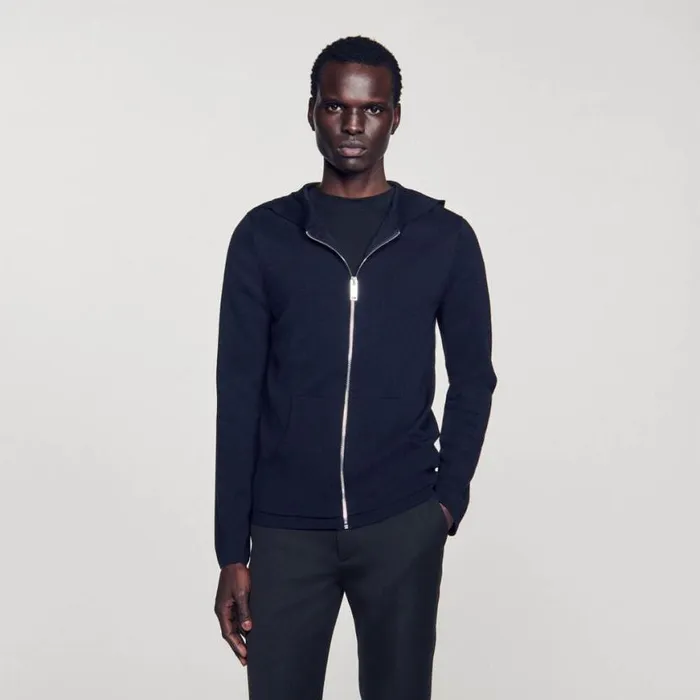Men Sweaters and Cardigans SANDRO Zipped Cardigan With Hood Navy Blue Men Sweaters and Cardigans SANDRO Zipped Cardigan With Hood Navy Blue