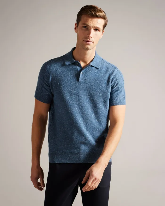 Men USTEE 8211 Marled Polo Shirt With Cable Knit Medium Blue Ted Baker Jumpers and Knitwear Men USTEE 8211 Marled Polo Shirt With Cable Knit Medium Blue Ted Baker Jumpers and Knitwear