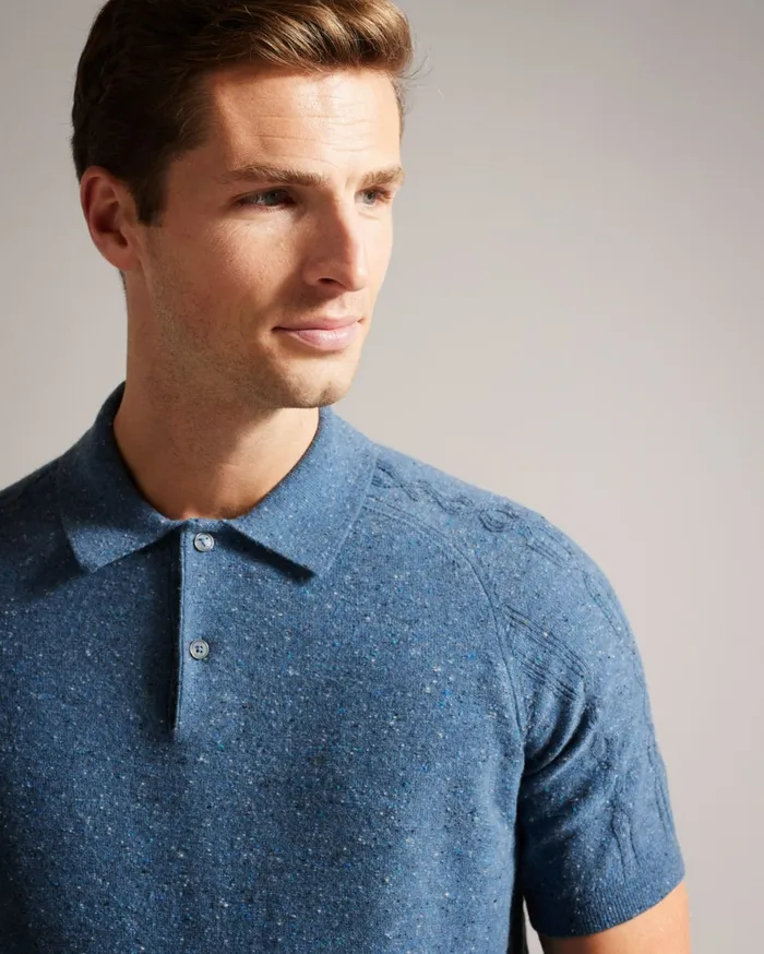 Men USTEE 8211 Marled Polo Shirt With Cable Knit Medium Blue Ted Baker Jumpers and Knitwear Men USTEE 8211 Marled Polo Shirt With Cable Knit Medium Blue Ted Baker Jumpers and Knitwear