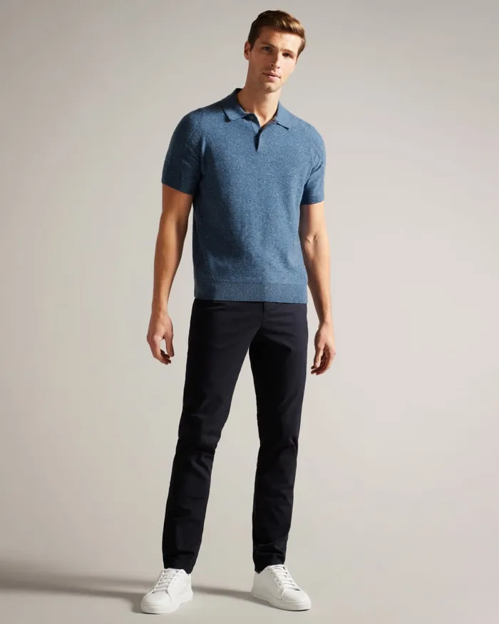 Men USTEE 8211 Marled Polo Shirt With Cable Knit Medium Blue Ted Baker Jumpers and Knitwear Men USTEE 8211 Marled Polo Shirt With Cable Knit Medium Blue Ted Baker Jumpers and Knitwear