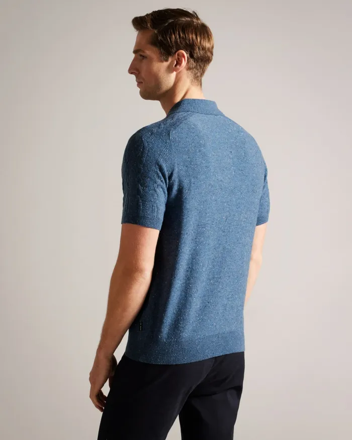 Men USTEE 8211 Marled Polo Shirt With Cable Knit Medium Blue Ted Baker Jumpers and Knitwear Men USTEE 8211 Marled Polo Shirt With Cable Knit Medium Blue Ted Baker Jumpers and Knitwear