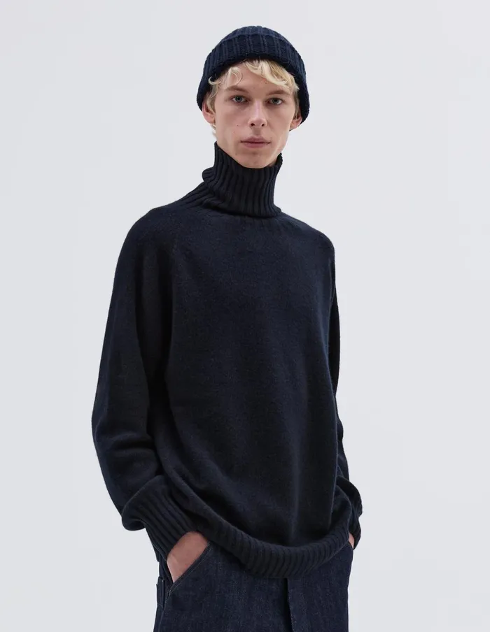 Men Wide Roll Neck Dark Navy Twist Margaret Howell Knitwear