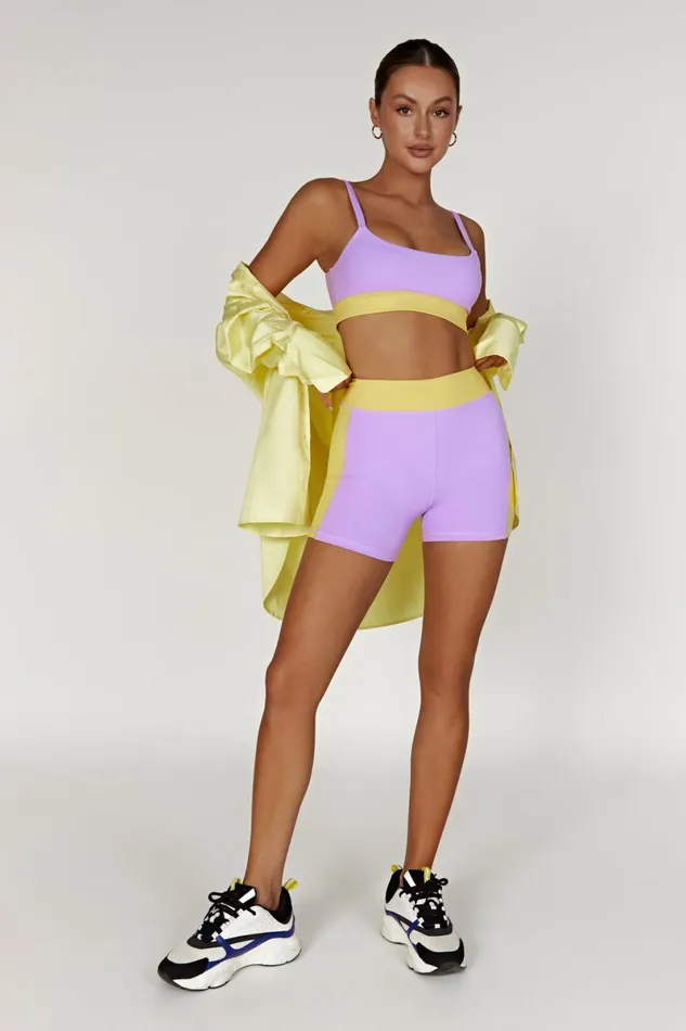 Meshki Activewear Bottoms Taleah Two Tone Shorts 8211 LilacYellow Lilacyellow 8211 Women Meshki Activewear Bottoms Taleah Two Tone Shorts 8211 LilacYellow Lilacyellow 8211 Women