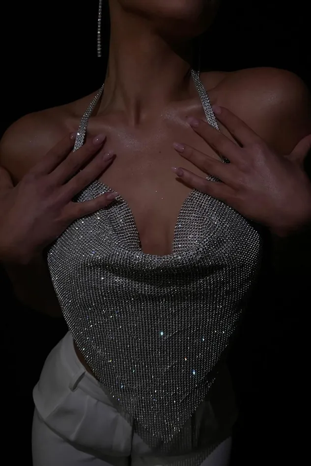 Meshki Bachelorette Daphne Diamante Cowl Neck Halter Top 8211 Silver Silver 8211 Women Meshki Bachelorette Daphne Diamante Cowl Neck Halter Top 8211 Silver Silver 8211 Women
