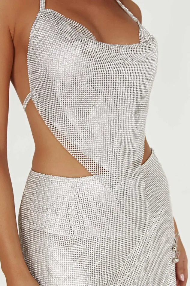 Meshki Bachelorette Daphne Diamante Cowl Neck Halter Top 8211 Silver Silver 8211 Women Meshki Bachelorette Daphne Diamante Cowl Neck Halter Top 8211 Silver Silver 8211 Women