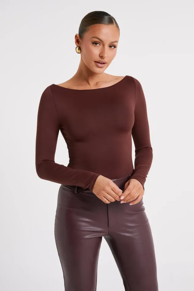 Meshki Bodysuits Cate Boatneck Long Sleeve Bodysuit 8211 Chocolate Chocolate 8211 Women