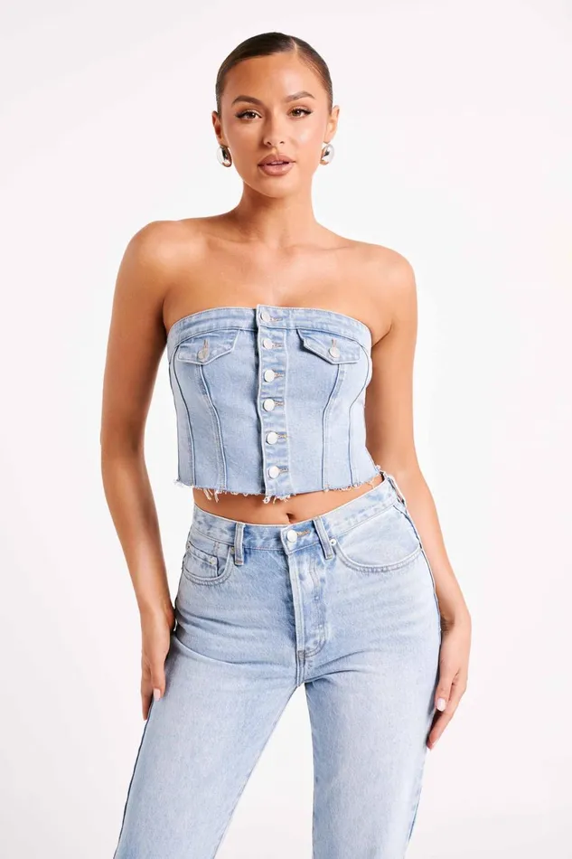 Meshki Corsets Sandy Buttoned Denim Tube Top 8211 Mid Blue Mid Blue 8211 Women