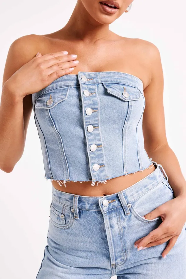 Meshki Corsets Sandy Buttoned Denim Tube Top 8211 Mid Blue Mid Blue 8211 Women