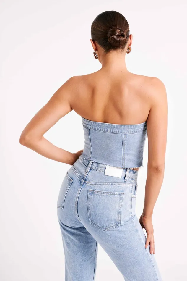Meshki Corsets Sandy Buttoned Denim Tube Top 8211 Mid Blue Mid Blue 8211 Women