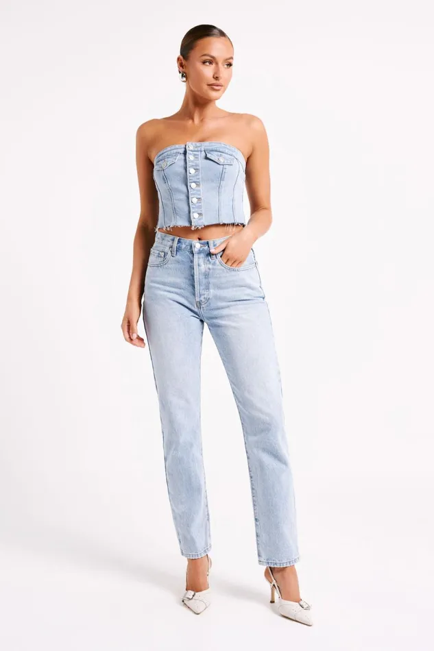 Meshki Corsets Sandy Buttoned Denim Tube Top 8211 Mid Blue Mid Blue 8211 Women