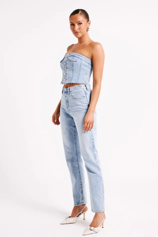 Meshki Corsets Sandy Buttoned Denim Tube Top 8211 Mid Blue Mid Blue 8211 Women