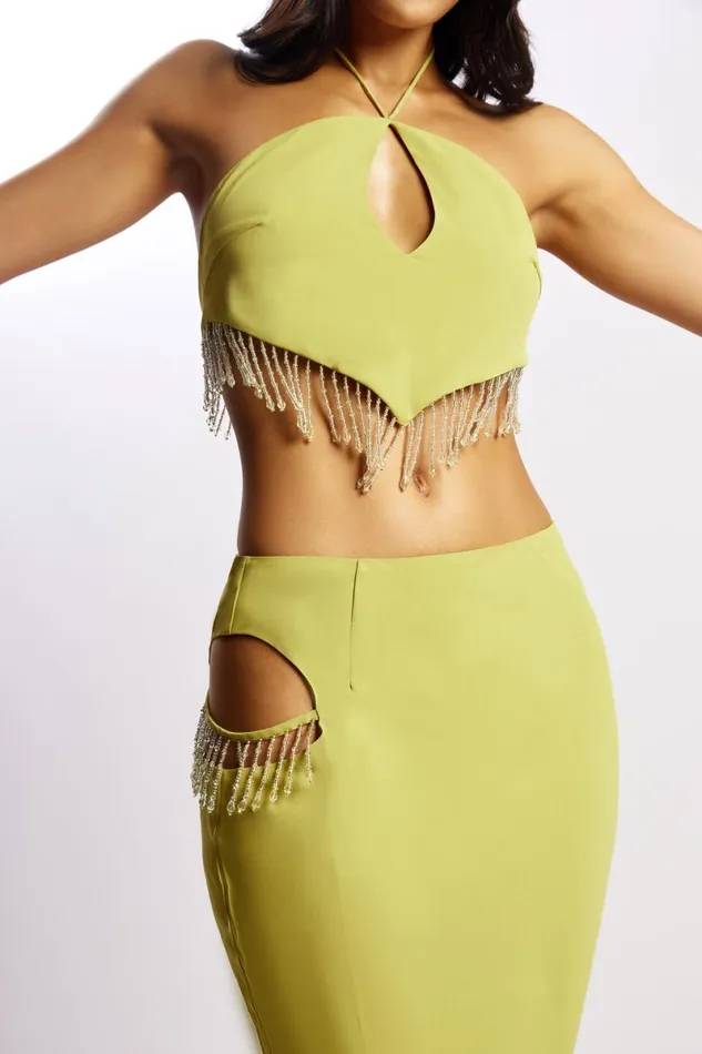 Meshki Crop Tops Jayleen Keyhole Triangle Halter Top With Fringe 8211 Chartreuse Chartreuse 8211 Women