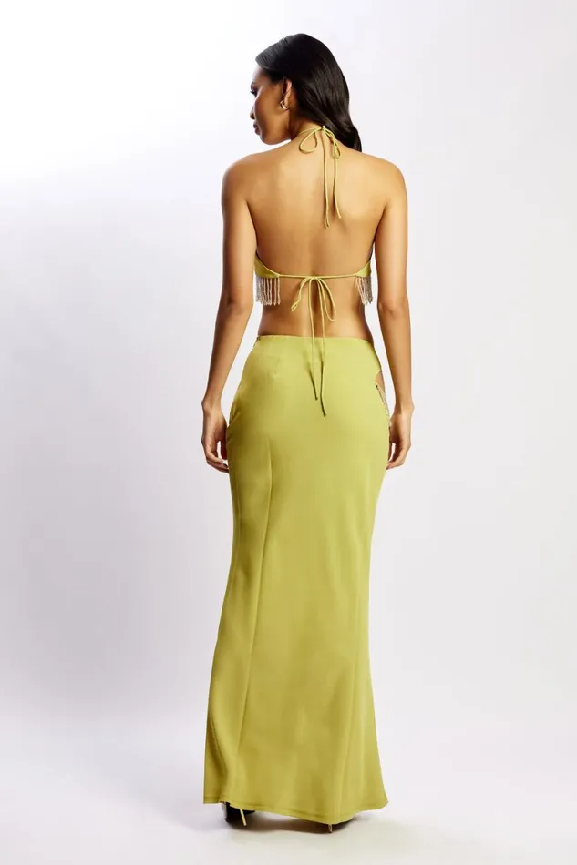 Meshki Crop Tops Jayleen Keyhole Triangle Halter Top With Fringe 8211 Chartreuse Chartreuse 8211 Women Meshki Crop Tops Jayleen Keyhole Triangle Halter Top With Fringe 8211 Chartreuse Chartreuse 8211 Women