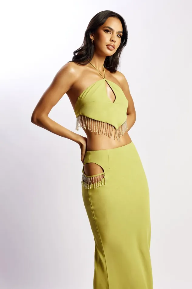 Meshki Crop Tops Jayleen Keyhole Triangle Halter Top With Fringe 8211 Chartreuse Chartreuse 8211 Women Meshki Crop Tops Jayleen Keyhole Triangle Halter Top With Fringe 8211 Chartreuse Chartreuse 8211 Women