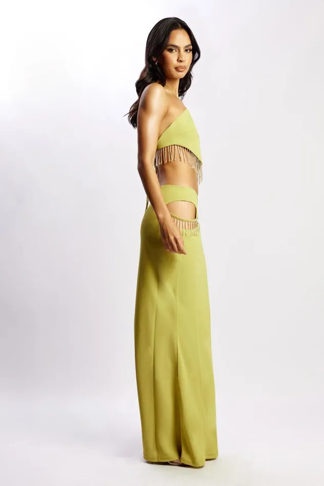 Meshki Crop Tops Jayleen Keyhole Triangle Halter Top With Fringe 8211 Chartreuse Chartreuse 8211 Women Meshki Crop Tops Jayleen Keyhole Triangle Halter Top With Fringe 8211 Chartreuse Chartreuse 8211 Women