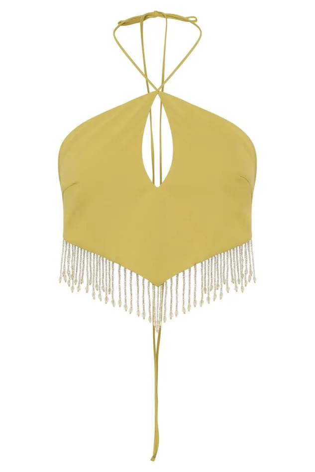 Meshki Crop Tops Jayleen Keyhole Triangle Halter Top With Fringe 8211 Chartreuse Chartreuse 8211 Women Meshki Crop Tops Jayleen Keyhole Triangle Halter Top With Fringe 8211 Chartreuse Chartreuse 8211 Women