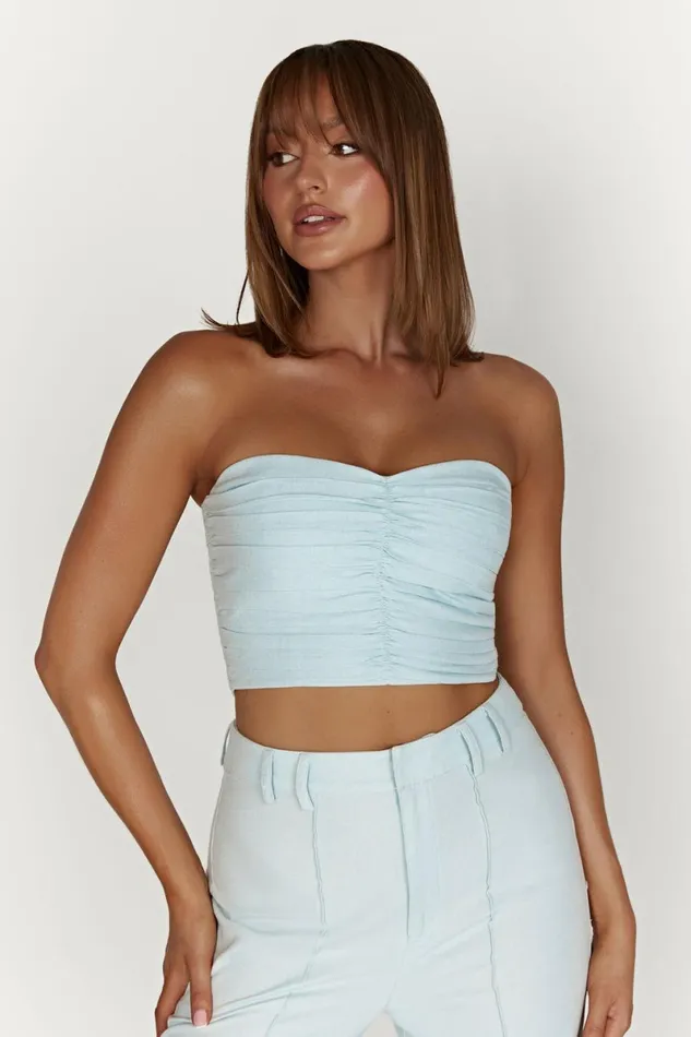 Meshki Crop Tops Mckenna Gathered Linen Top 8211 Powder Blue Powderblue 8211 Women Meshki Crop Tops Mckenna Gathered Linen Top 8211 Powder Blue Powderblue 8211 Women