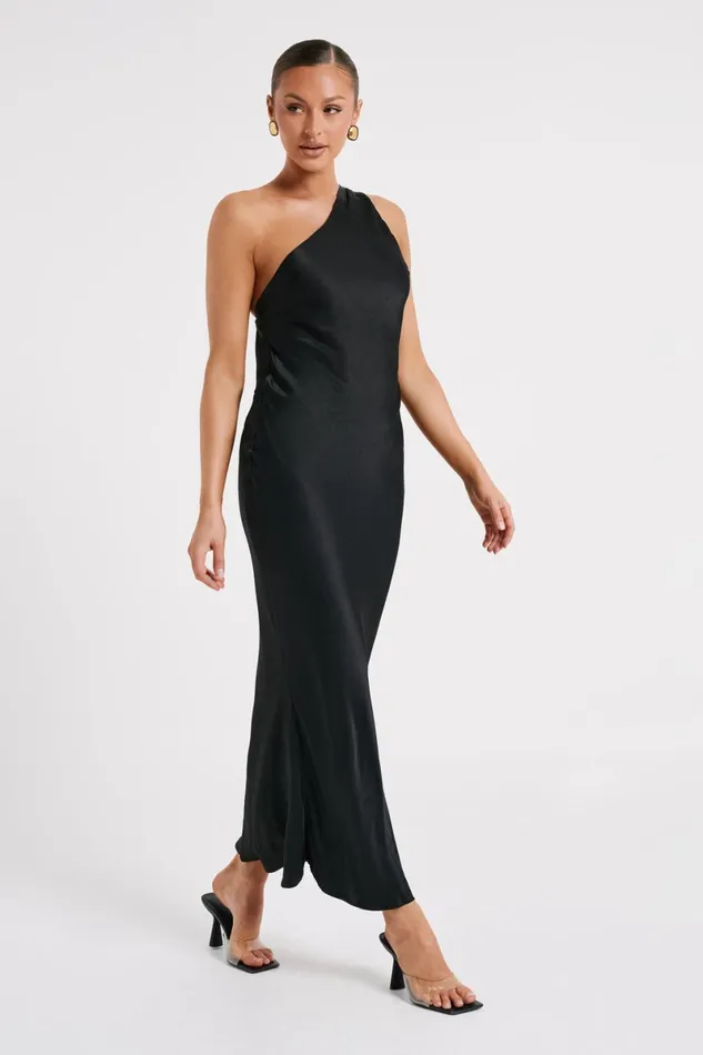 Meshki Maxi Dresses Alejandra One Shoulder Satin Maxi Dress 8211 Black Black 8211 Women