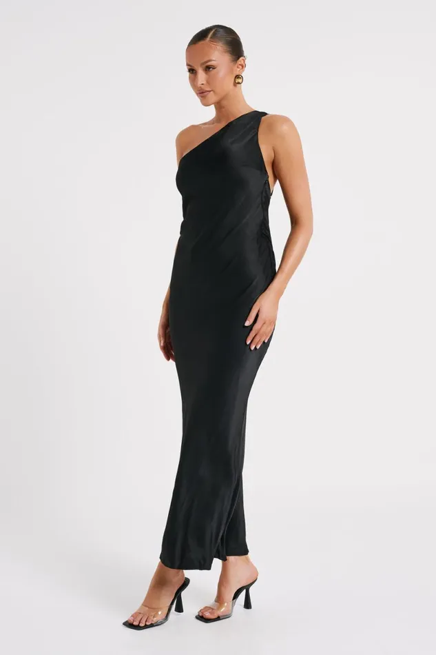 Meshki Maxi Dresses Alejandra One Shoulder Satin Maxi Dress 8211 Black Black 8211 Women