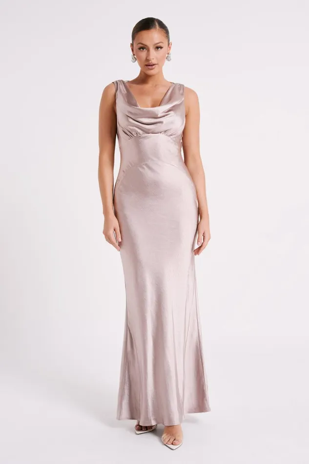 Meshki Maxi Dresses Angelique Satin Cowl Back Maxi Dress 8211 Taupe Taupe 8211 Women