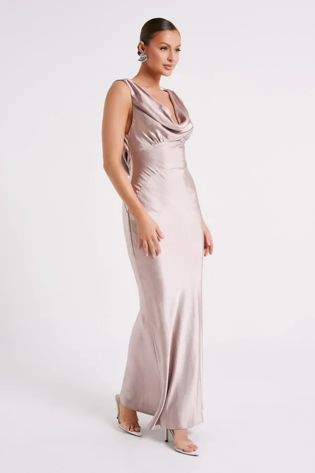Meshki Maxi Dresses Angelique Satin Cowl Back Maxi Dress 8211 Taupe Taupe 8211 Women