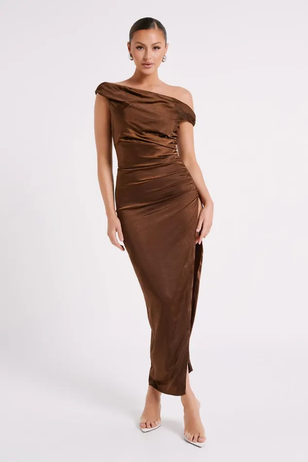 Meshki Maxi Dresses Arianne Draped Satin Maxi Dress 8211 Dark Chocolate Dark Chocolate 8211 Women