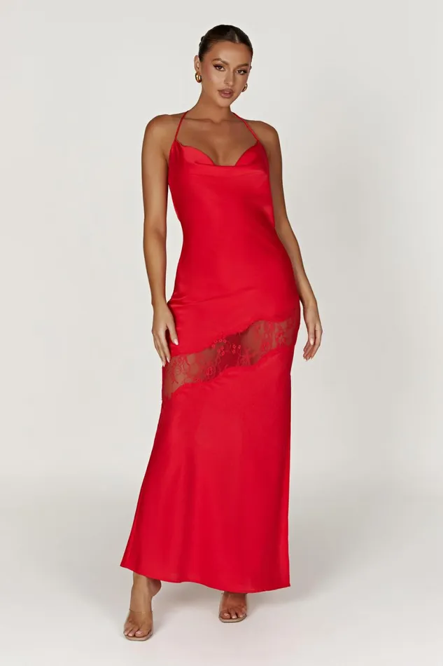 Meshki Maxi Dresses Chandra Lace Detail Satin Maxi Dress 8211 Red Red 8211 Women