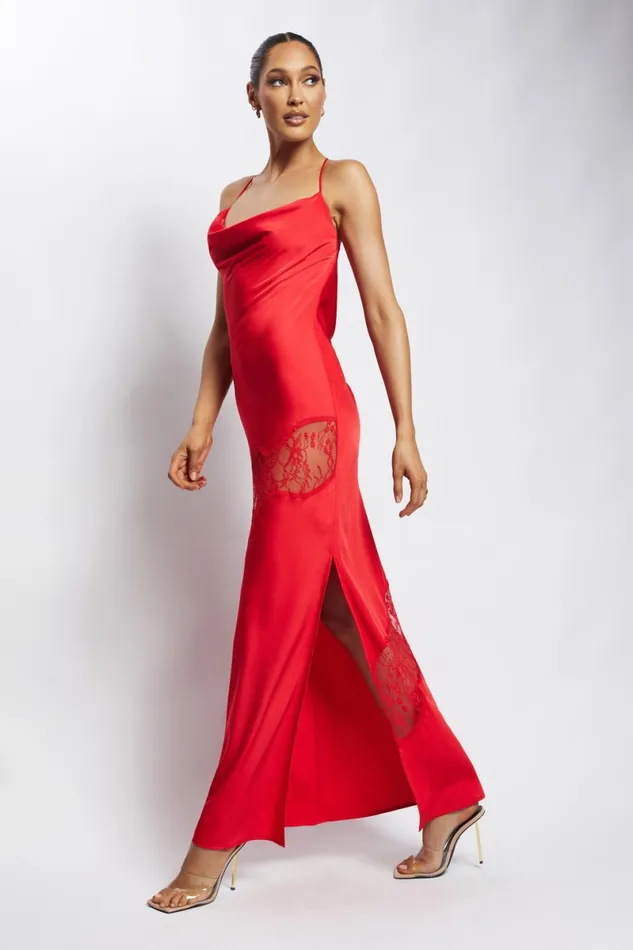 Meshki Maxi Dresses Chandra Lace Detail Satin Maxi Dress 8211 Red Red 8211 Women