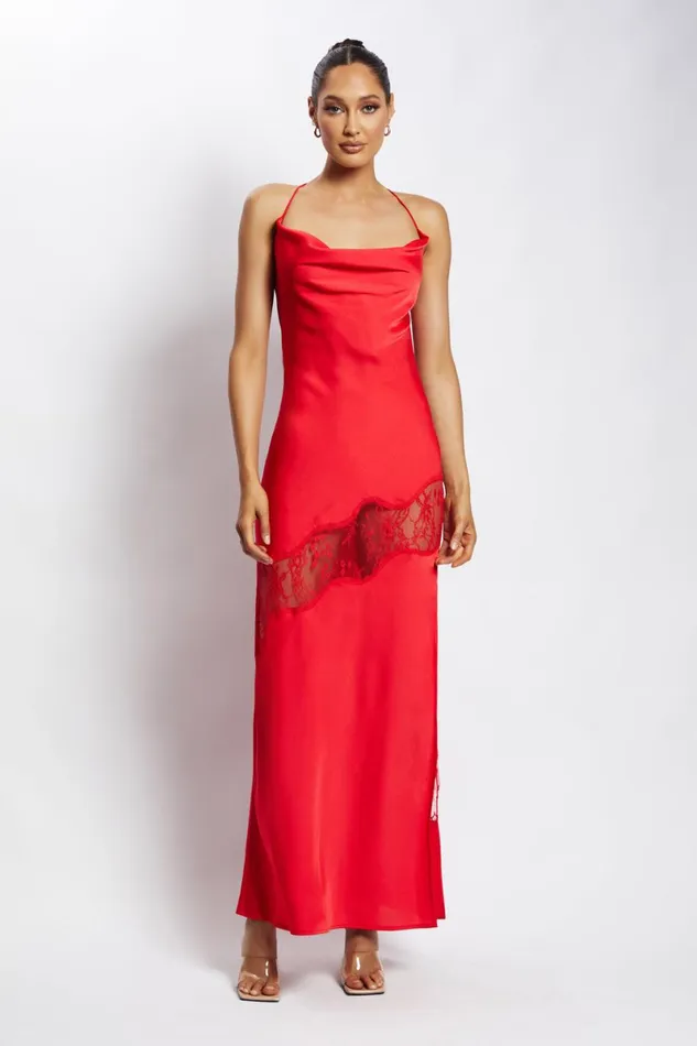 Meshki Maxi Dresses Chandra Lace Detail Satin Maxi Dress 8211 Red Red 8211 Women