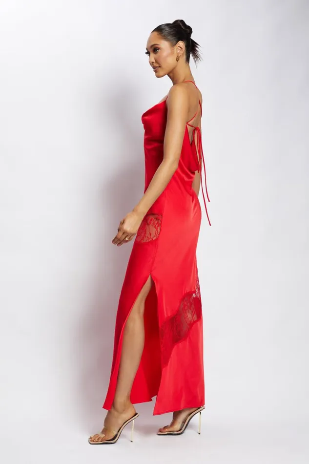 Meshki Maxi Dresses Chandra Lace Detail Satin Maxi Dress 8211 Red Red 8211 Women