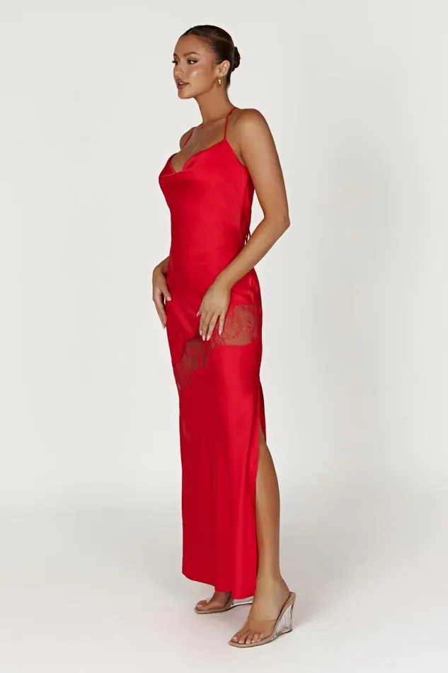 Meshki Maxi Dresses Chandra Lace Detail Satin Maxi Dress 8211 Red Red 8211 Women