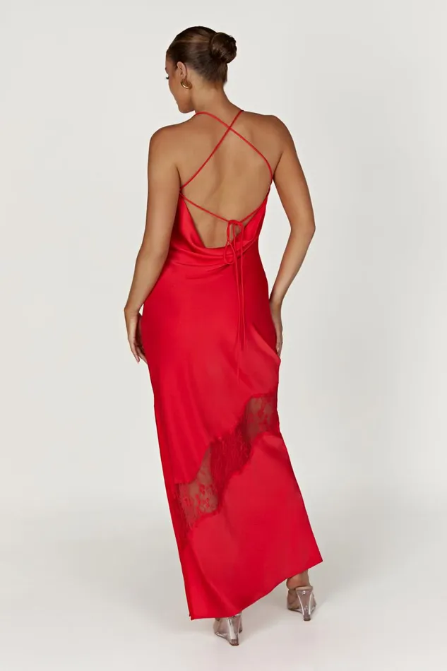 Meshki Maxi Dresses Chandra Lace Detail Satin Maxi Dress 8211 Red Red 8211 Women