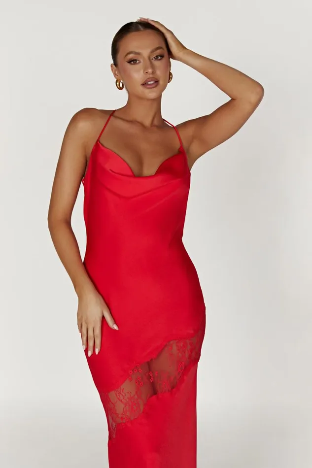 Meshki Maxi Dresses Chandra Lace Detail Satin Maxi Dress 8211 Red Red 8211 Women