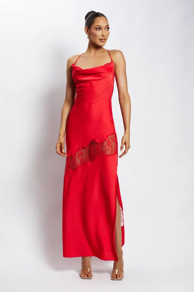 Meshki Maxi Dresses Chandra Lace Detail Satin Maxi Dress 8211 Red Red 8211 Women
