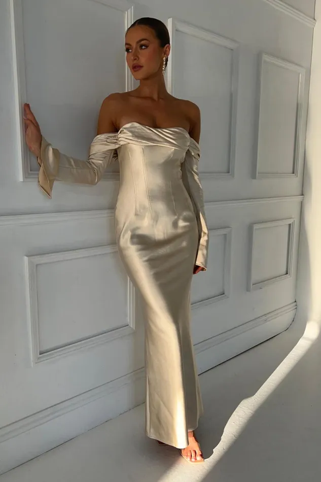 Meshki Maxi Dresses Giselle Off Shoulder Cowl Neck Maxi Dress 8211 Gold Gold 8211 Women Meshki Maxi Dresses Giselle Off Shoulder Cowl Neck Maxi Dress 8211 Gold Gold 8211 Women