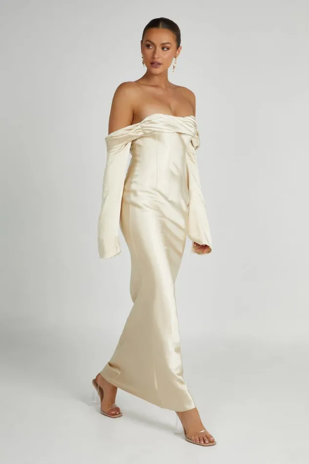 Meshki Maxi Dresses Giselle Off Shoulder Cowl Neck Maxi Dress 8211 Gold Gold 8211 Women Meshki Maxi Dresses Giselle Off Shoulder Cowl Neck Maxi Dress 8211 Gold Gold 8211 Women