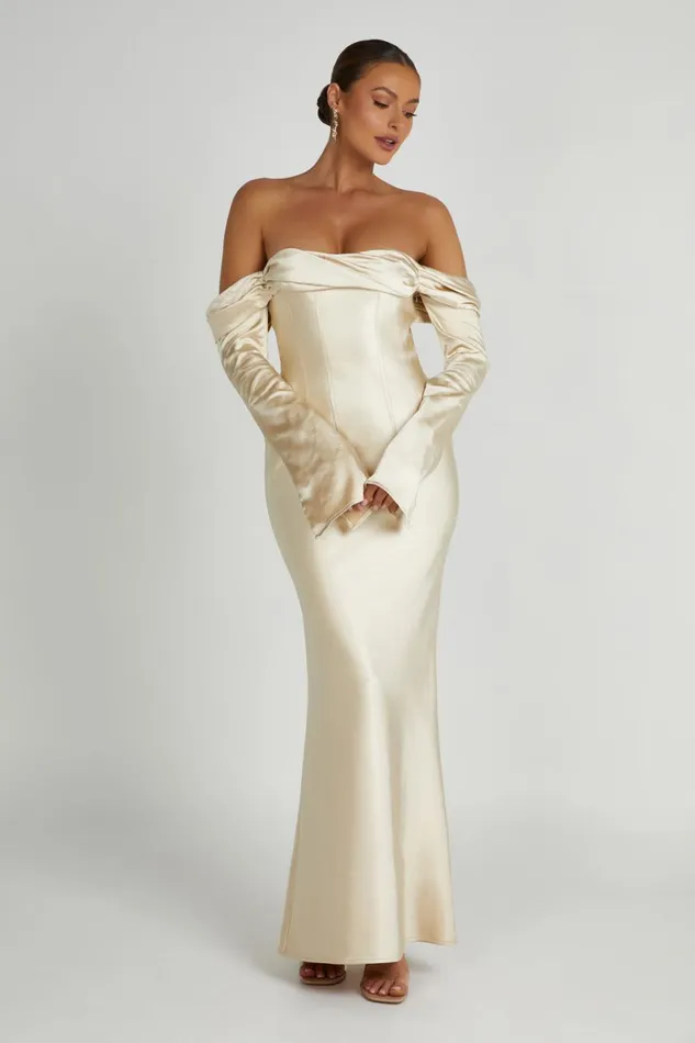 Meshki Maxi Dresses Giselle Off Shoulder Cowl Neck Maxi Dress 8211 Gold Gold 8211 Women Meshki Maxi Dresses Giselle Off Shoulder Cowl Neck Maxi Dress 8211 Gold Gold 8211 Women