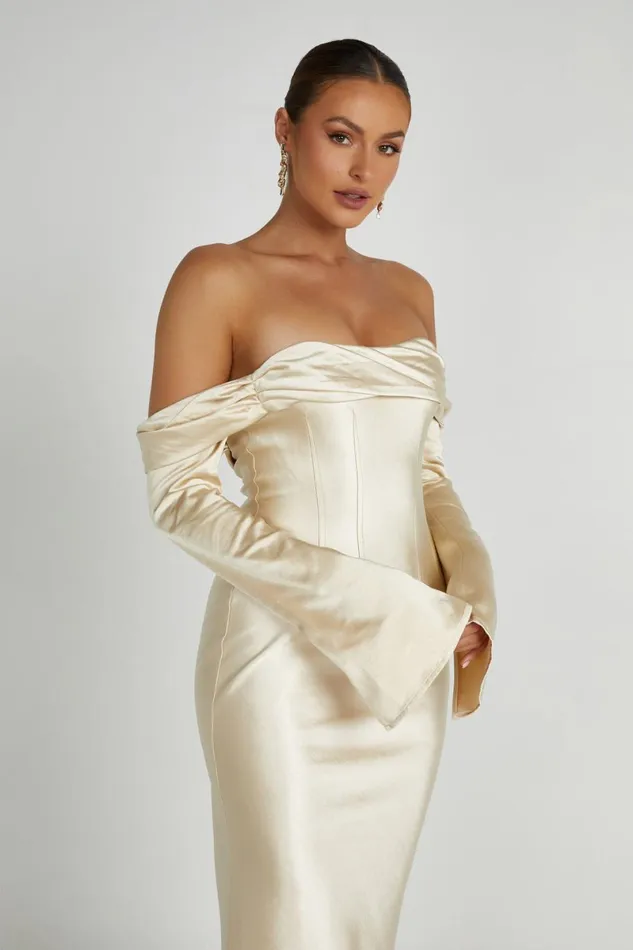 Meshki Maxi Dresses Giselle Off Shoulder Cowl Neck Maxi Dress 8211 Gold Gold 8211 Women Meshki Maxi Dresses Giselle Off Shoulder Cowl Neck Maxi Dress 8211 Gold Gold 8211 Women