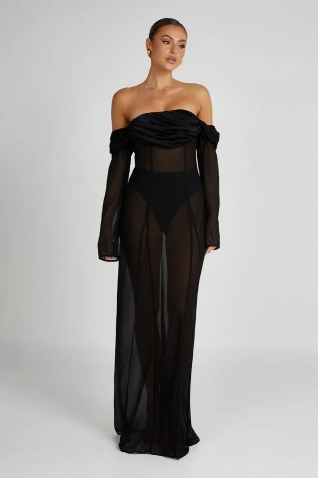 Meshki Maxi Dresses Ivanna Off Shoulder Chiffon Maxi Dress 8211 Black Black 8211 Women