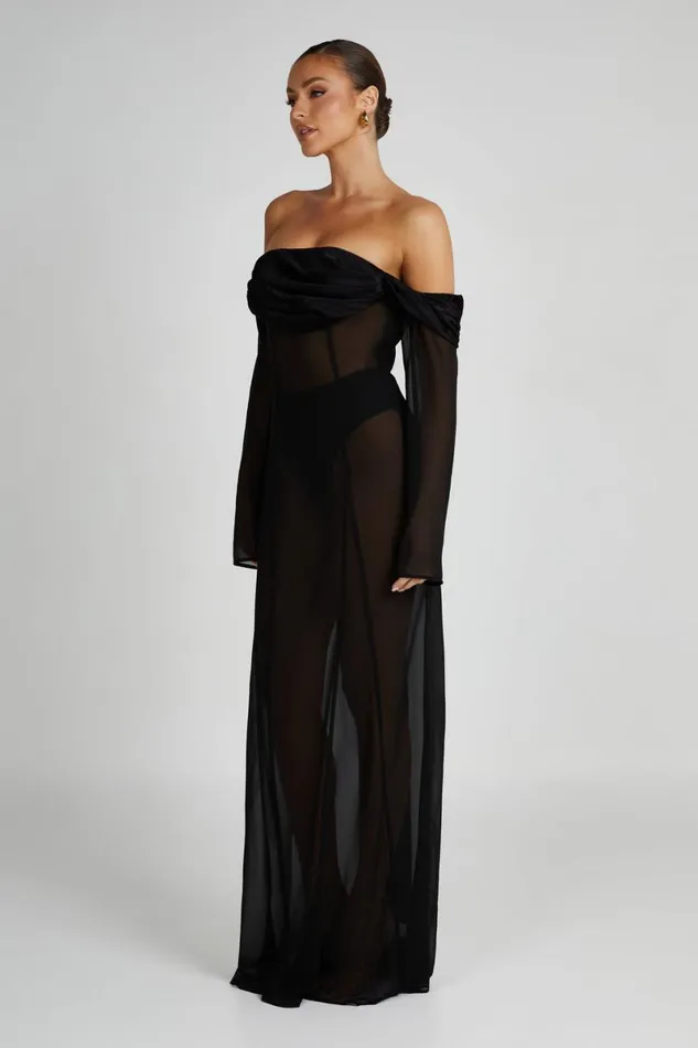 Meshki Maxi Dresses Ivanna Off Shoulder Chiffon Maxi Dress 8211 Black Black 8211 Women