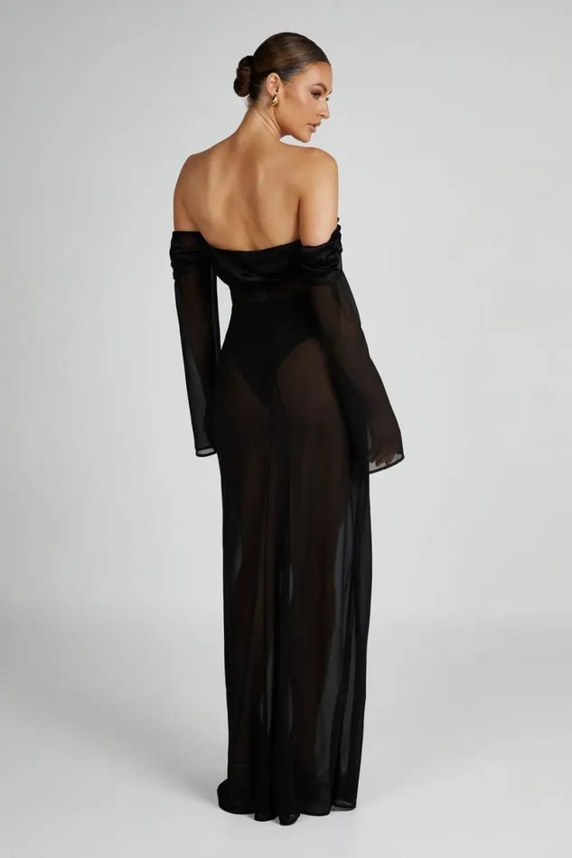 Meshki Maxi Dresses Ivanna Off Shoulder Chiffon Maxi Dress 8211 Black Black 8211 Women
