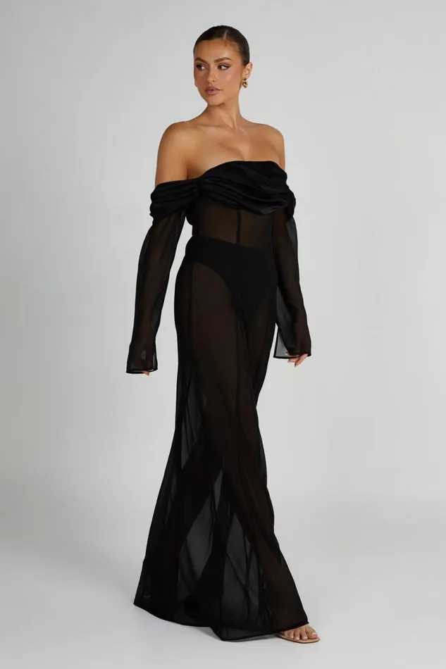 Meshki Maxi Dresses Ivanna Off Shoulder Chiffon Maxi Dress 8211 Black Black 8211 Women