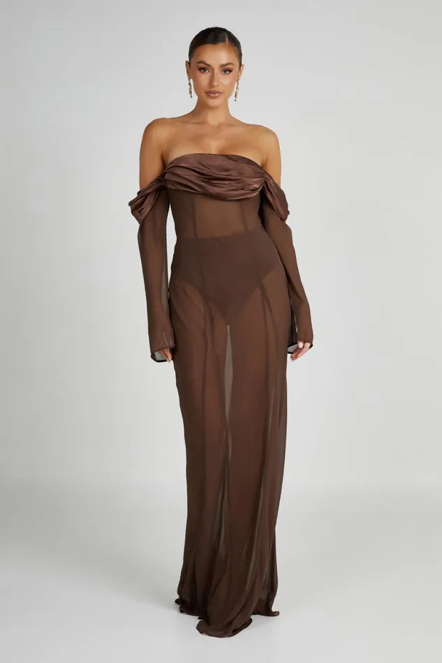 Meshki Maxi Dresses Ivanna Off Shoulder Chiffon Maxi Dress 8211 Mocha Mocha 8211 Women