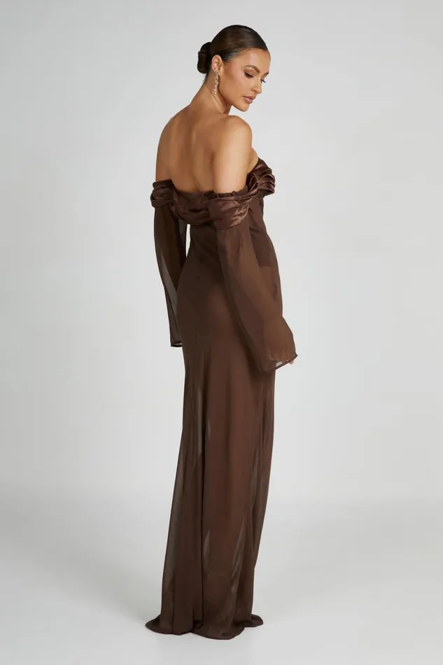 Meshki Maxi Dresses Ivanna Off Shoulder Chiffon Maxi Dress 8211 Mocha Mocha 8211 Women