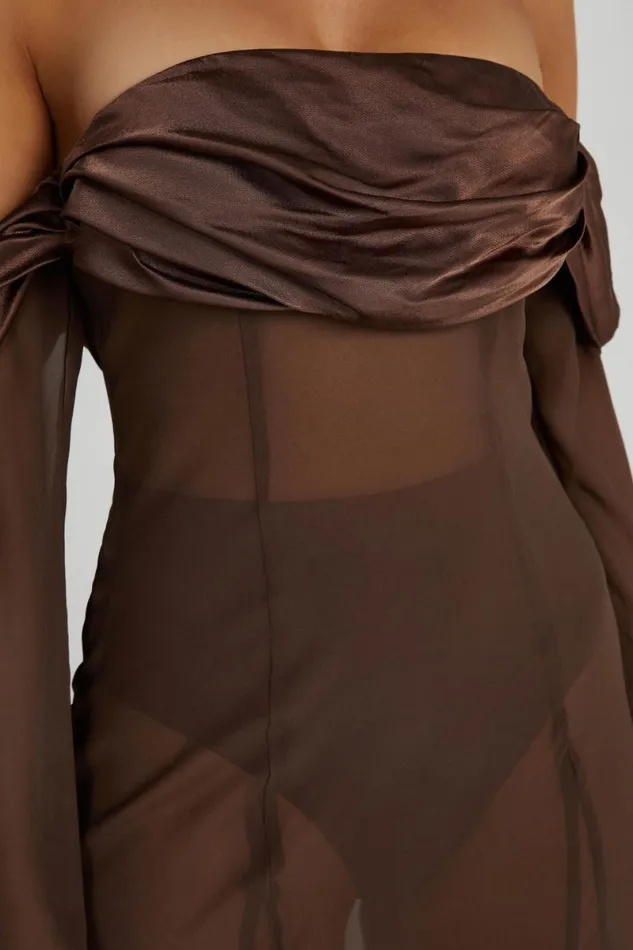 Meshki Maxi Dresses Ivanna Off Shoulder Chiffon Maxi Dress 8211 Mocha Mocha 8211 Women